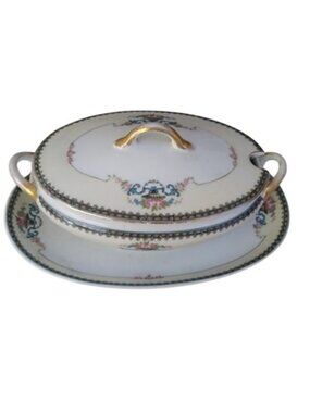 1920s Morimura Noritake China CALAIS Covered Gravy Boat w/ Attached Plate